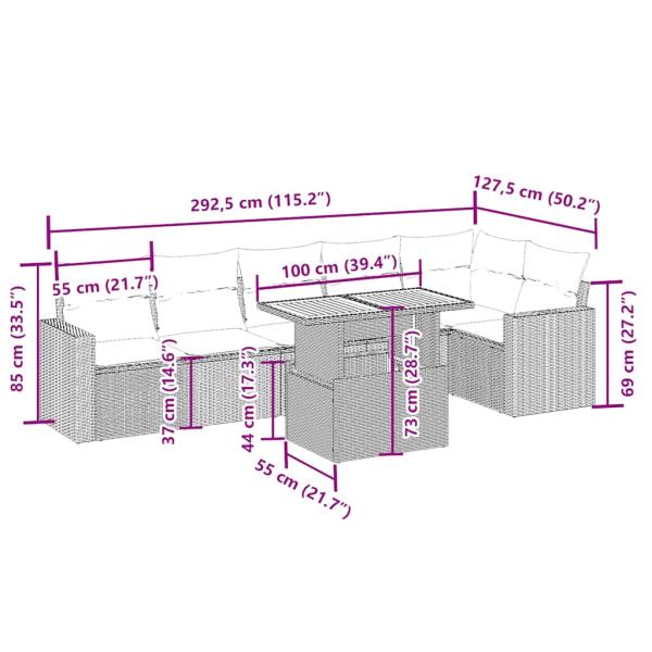 7-tlg. Garten-Sofagarnitur mit Kissen Beige Poly Rattan