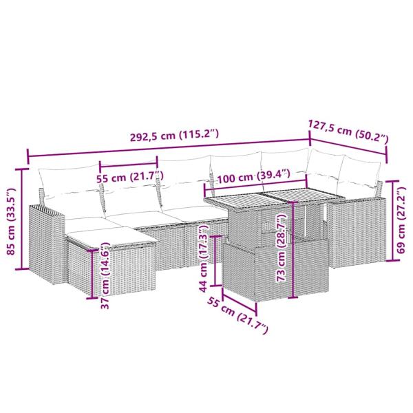 8-tlg. Garten-Sofagarnitur mit Kissen Beige Poly Rattan