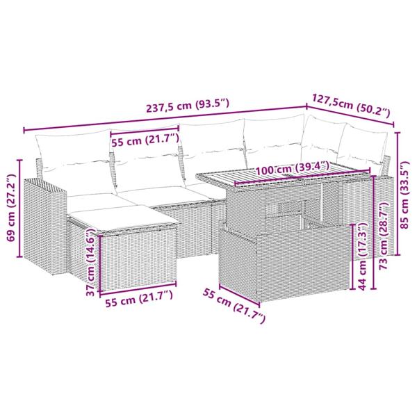 7-tlg. Garten-Sofagarnitur mit Kissen Beige Poly Rattan