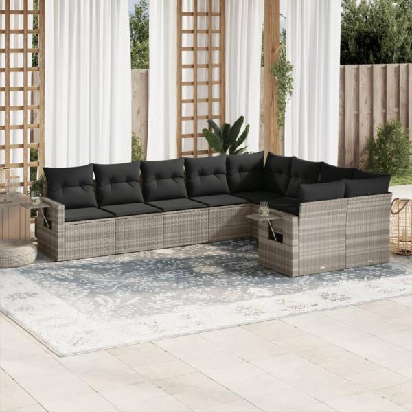 ARDEBO.de - 9-tlg. Garten-Sofagarnitur mit Kissen Hellgrau Poly Rattan