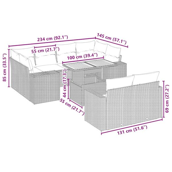 11-tlg. Garten-Sofagarnitur mit Kissen Beige Poly Rattan