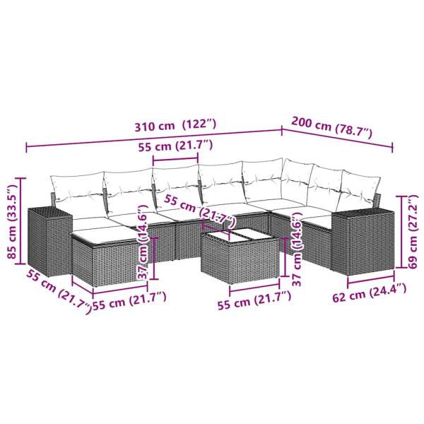 9-tlg. Garten-Sofagarnitur mit Kissen Hellgrau Poly Rattan