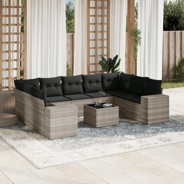 ARDEBO.de - 10-tlg. Garten-Sofagarnitur mit Kissen Hellgrau Poly Rattan