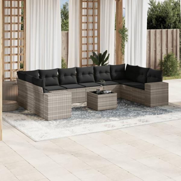 ARDEBO.de - 11-tlg. Garten-Sofagarnitur mit Kissen Hellgrau Poly Rattan