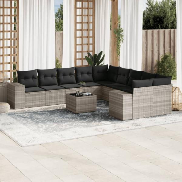 ARDEBO.de - 11-tlg. Garten-Sofagarnitur mit Kissen Hellgrau Poly Rattan