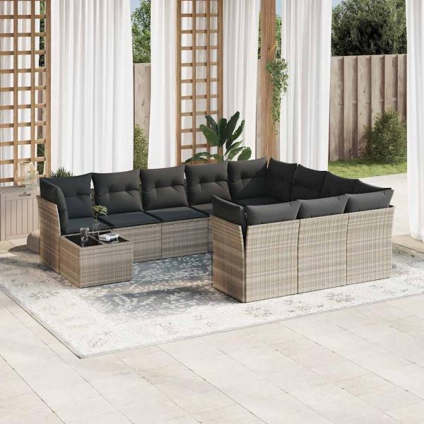 ARDEBO.de - 11-tlg. Garten-Sofagarnitur mit Kissen Hellgrau Poly Rattan