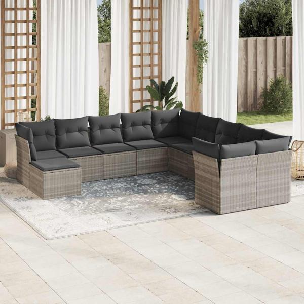 ARDEBO.de - 11-tlg. Garten-Sofagarnitur mit Kissen Hellgrau Poly Rattan