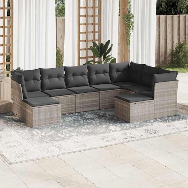 ARDEBO.de - 9-tlg. Garten-Sofagarnitur mit Kissen Hellgrau Poly Rattan