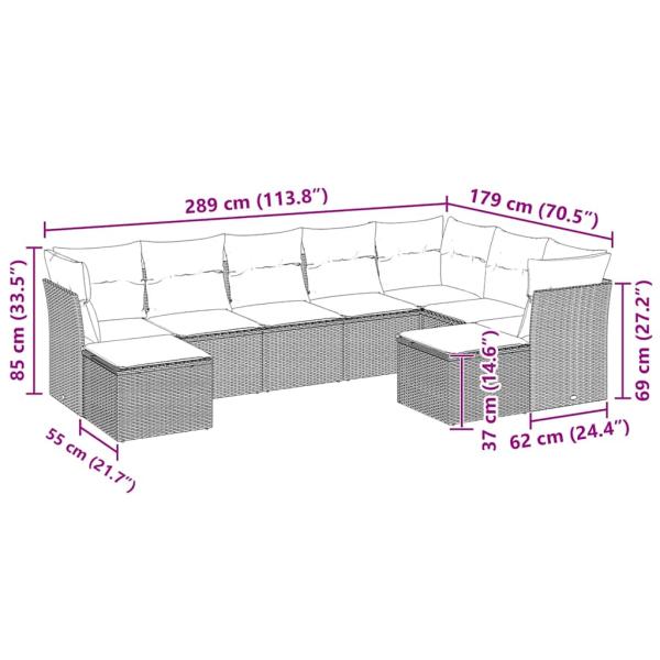 9-tlg. Garten-Sofagarnitur mit Kissen Hellgrau Poly Rattan