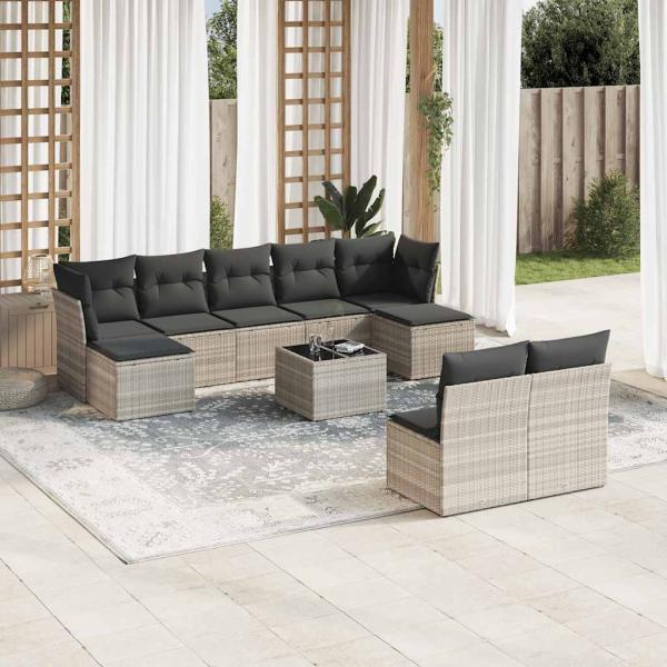 ARDEBO.de - 10-tlg. Garten-Sofagarnitur mit Kissen Hellgrau Poly Rattan