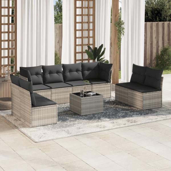 ARDEBO.de - 9-tlg. Garten-Sofagarnitur mit Kissen Hellgrau Poly Rattan