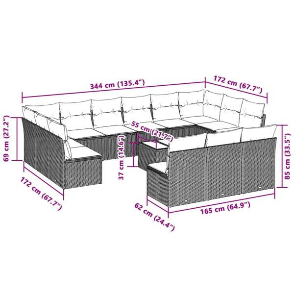 14-tlg. Garten-Sofagarnitur mit Kissen Hellgrau Poly Rattan