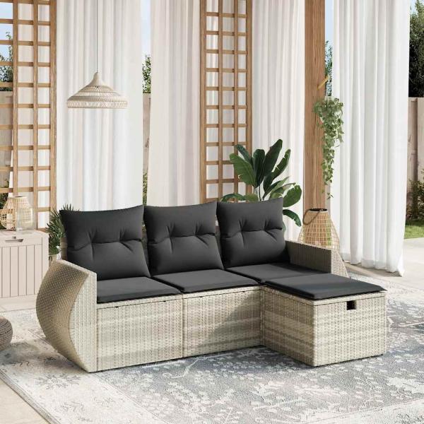 ARDEBO.de - 4-tlg. Garten-Sofagarnitur mit Kissen Hellgrau Poly Rattan
