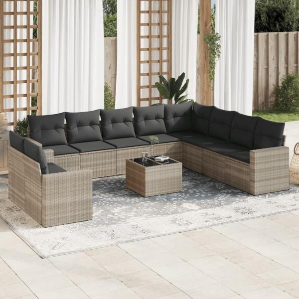 ARDEBO.de - 11-tlg. Garten-Sofagarnitur mit Kissen Hellgrau Poly Rattan