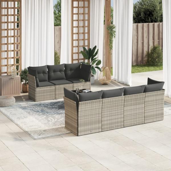 ARDEBO.de - 8-tlg. Garten-Sofagarnitur mit Kissen Hellgrau Poly Rattan