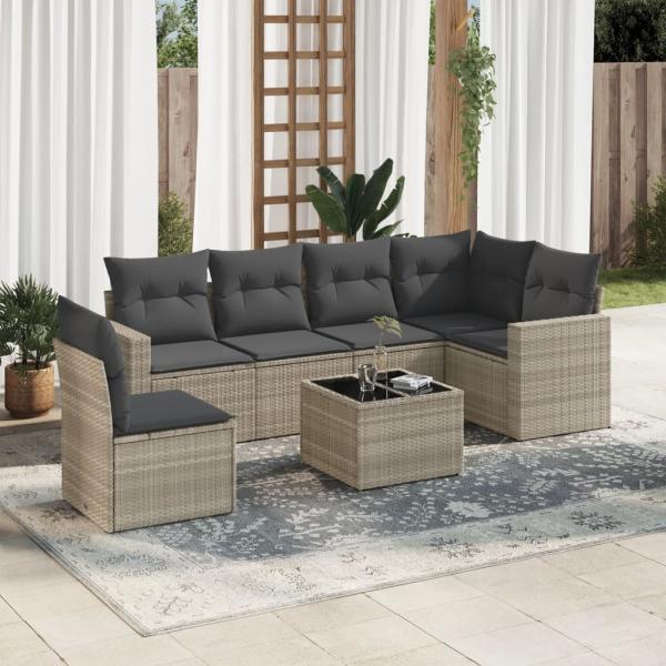 ARDEBO.de - 7-tlg. Garten-Sofagarnitur mit Kissen Hellgrau Poly Rattan
