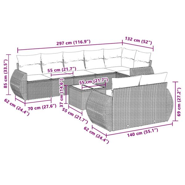 ARDEBO.de - 9-tlg. Garten-Sofagarnitur mit Kissen Hellgrau Poly Rattan
