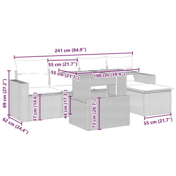 6-tlg. Garten-Sofagarnitur mit Kissen Beige Poly Rattan