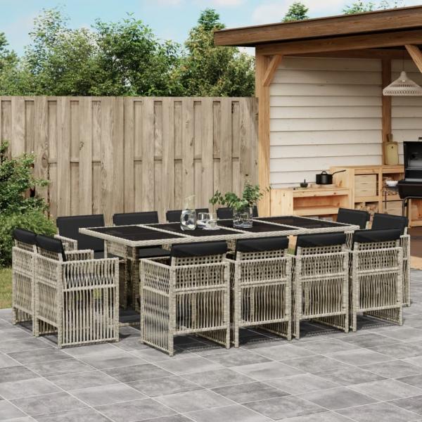 ARDEBO.de - 13-tlg. Garten-Essgruppe mit Kissen Hellgrau Poly Rattan