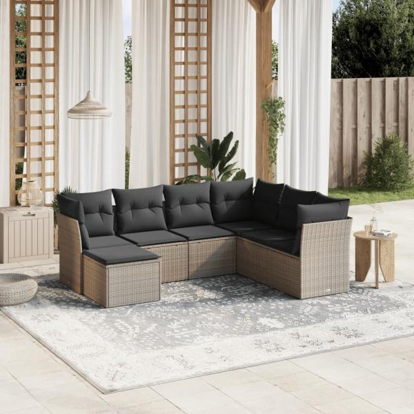 ARDEBO.de - 7-tlg. Garten-Sofagarnitur mit Kissen Hellgrau Poly Rattan
