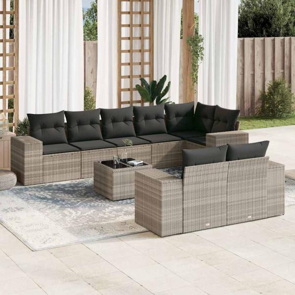 ARDEBO.de - 9-tlg. Garten-Sofagarnitur mit Kissen Hellgrau Poly Rattan