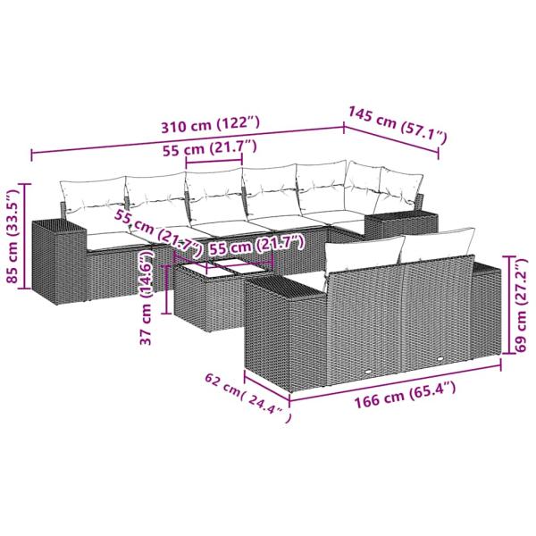 9-tlg. Garten-Sofagarnitur mit Kissen Hellgrau Poly Rattan