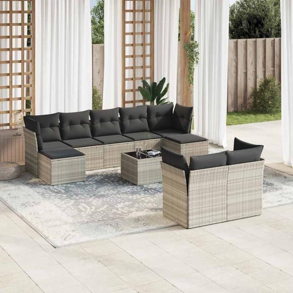ARDEBO.de - 10-tlg. Garten-Sofagarnitur mit Kissen Hellgrau Poly Rattan