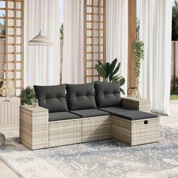 ARDEBO.de - 4-tlg. Garten-Sofagarnitur mit Kissen Hellgrau Poly Rattan