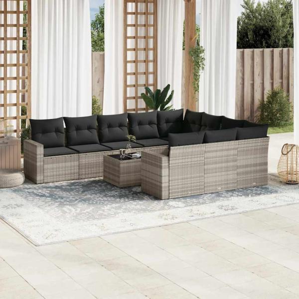 ARDEBO.de - 11-tlg. Garten-Sofagarnitur mit Kissen Hellgrau Poly Rattan