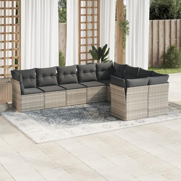 ARDEBO.de - 9-tlg. Garten-Sofagarnitur mit Kissen Hellgrau Poly Rattan