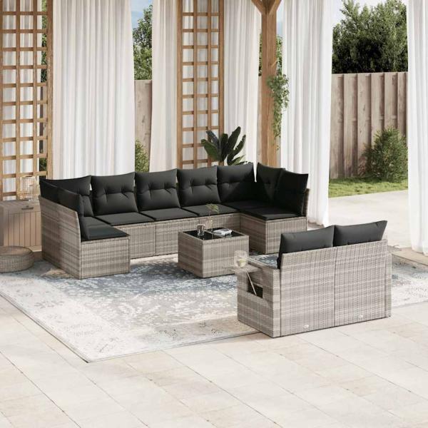ARDEBO.de - 10-tlg. Garten-Sofagarnitur mit Kissen Hellgrau Poly Rattan