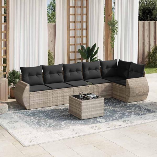 ARDEBO.de - 7-tlg. Garten-Sofagarnitur mit Kissen Hellgrau Poly Rattan