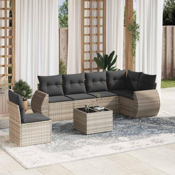 ARDEBO.de - 7-tlg. Garten-Sofagarnitur mit Kissen Hellgrau Poly Rattan