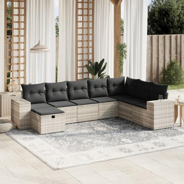ARDEBO.de - 8-tlg. Garten-Sofagarnitur mit Kissen Hellgrau Poly Rattan
