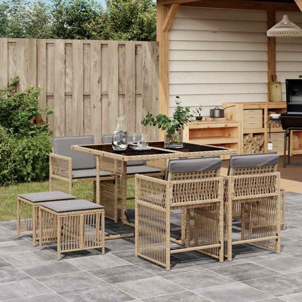 ARDEBO.de - 9-tlg. Garten-Essgruppe mit Kissen Beigemischung Poly Rattan