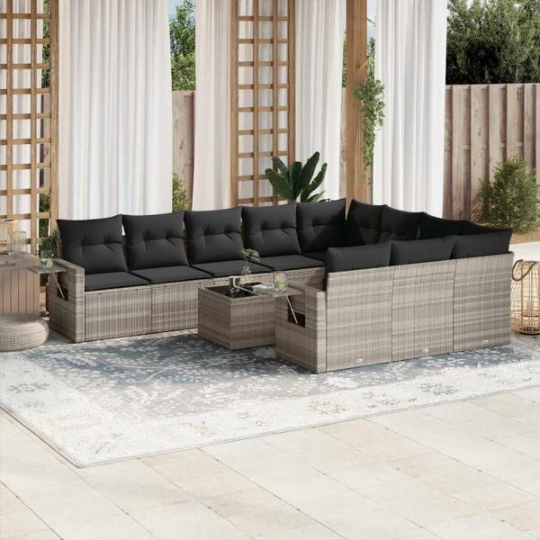 ARDEBO.de - 11-tlg. Garten-Sofagarnitur mit Kissen Hellgrau Poly Rattan