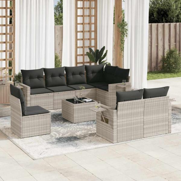 ARDEBO.de - 9-tlg. Garten-Sofagarnitur mit Kissen Hellgrau Poly Rattan