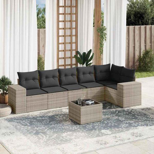 ARDEBO.de - 7-tlg. Garten-Sofagarnitur mit Kissen Hellgrau Poly Rattan