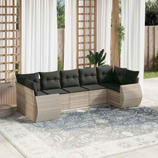 ARDEBO.de - 7-tlg. Garten-Sofagarnitur mit Kissen Hellgrau Poly Rattan