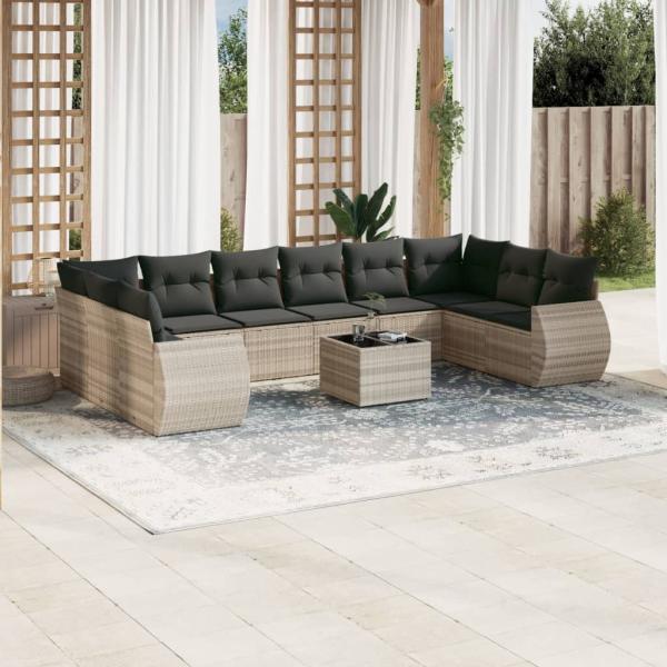 ARDEBO.de - 11-tlg. Garten-Sofagarnitur mit Kissen Hellgrau Poly Rattan