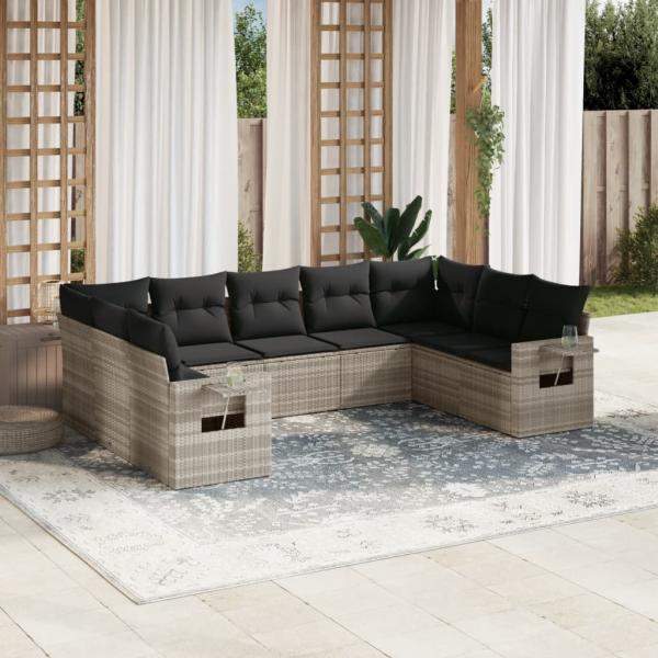 ARDEBO.de - 9-tlg. Garten-Sofagarnitur mit Kissen Hellgrau Poly Rattan