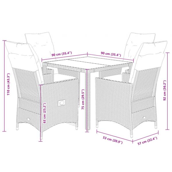 5-tlg. Garten-Essgruppe mit Kissen Braun Poly Rattan