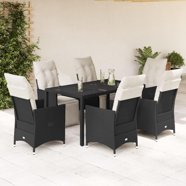 ARDEBO.de - 7-tlg. Garten-Essgruppe mit Kissen Schwarz Poly Rattan