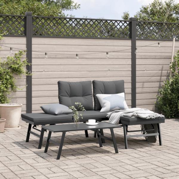 ARDEBO.de - 3-tlg. Garten-Sitzgruppe mit Kissen Schwarz Stahl