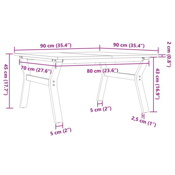 Couchtisch Y-Gestell 90x90x45cm Massivholz Kiefer und Gusseisen