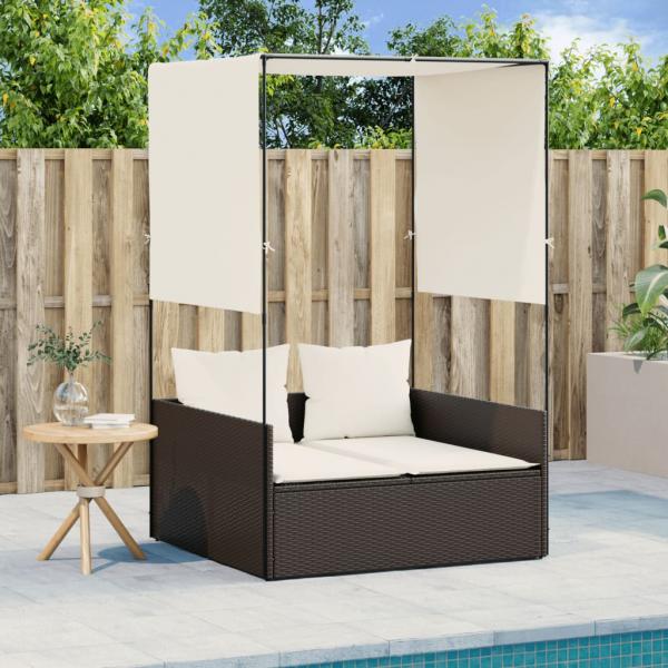 ARDEBO.de - Doppel-Sonnenliege mit Dach und Vorhängen Braun Poly Rattan