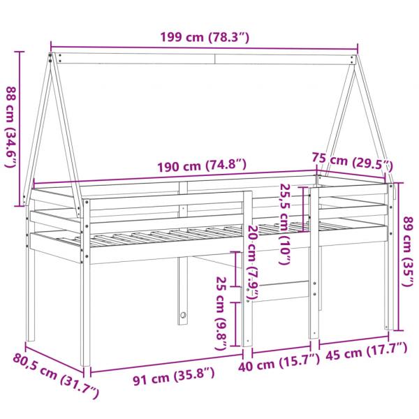 Hochbett mit Dach Wachsbraun 75x190 cm Massivholz Kiefer