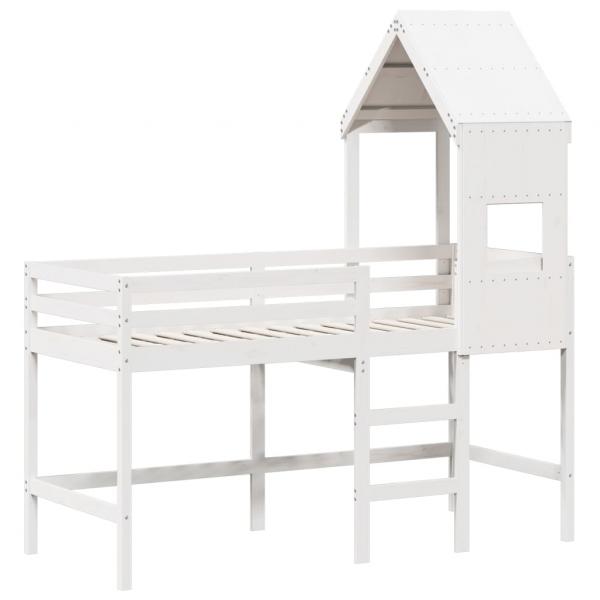 Hochbett mit Leiter und Dach Weiß 90x190 cm Massivholz Kiefer