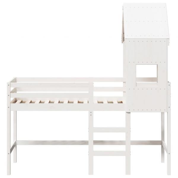 Hochbett mit Leiter und Dach Weiß 90x190 cm Massivholz Kiefer