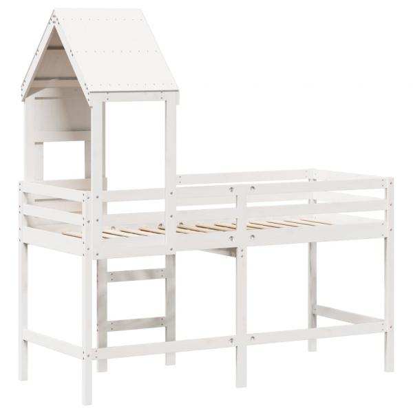 Hochbett mit Leiter und Dach Weiß 90x190 cm Massivholz Kiefer